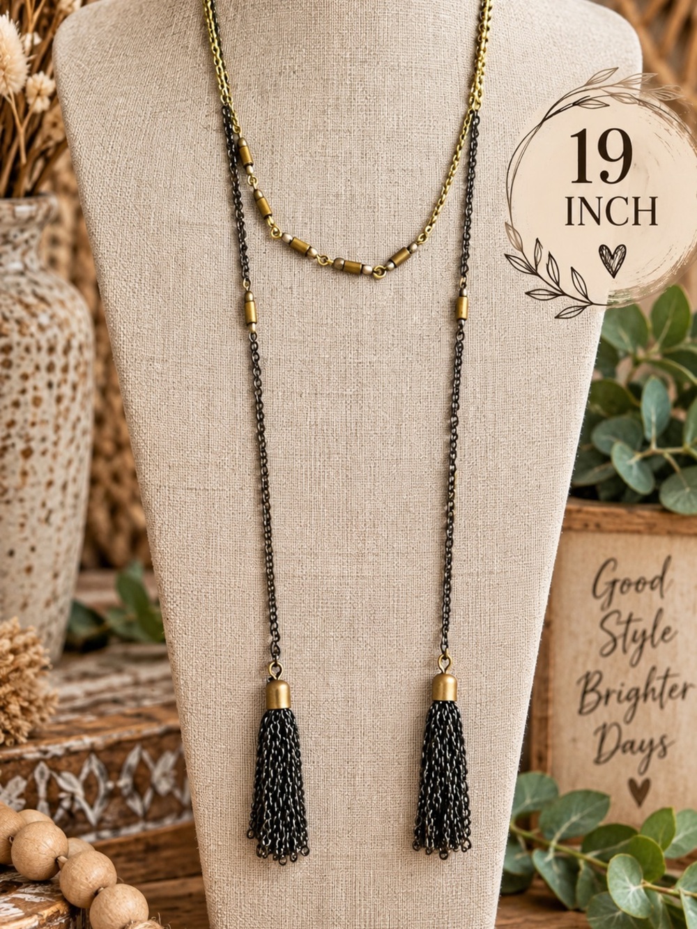 Layered Black and Gold Tassel Necklace - 19 Inch